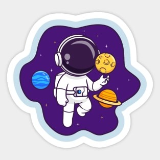Cute Astronaut Floating In Space With Planet And Moon Cartoon Sticker